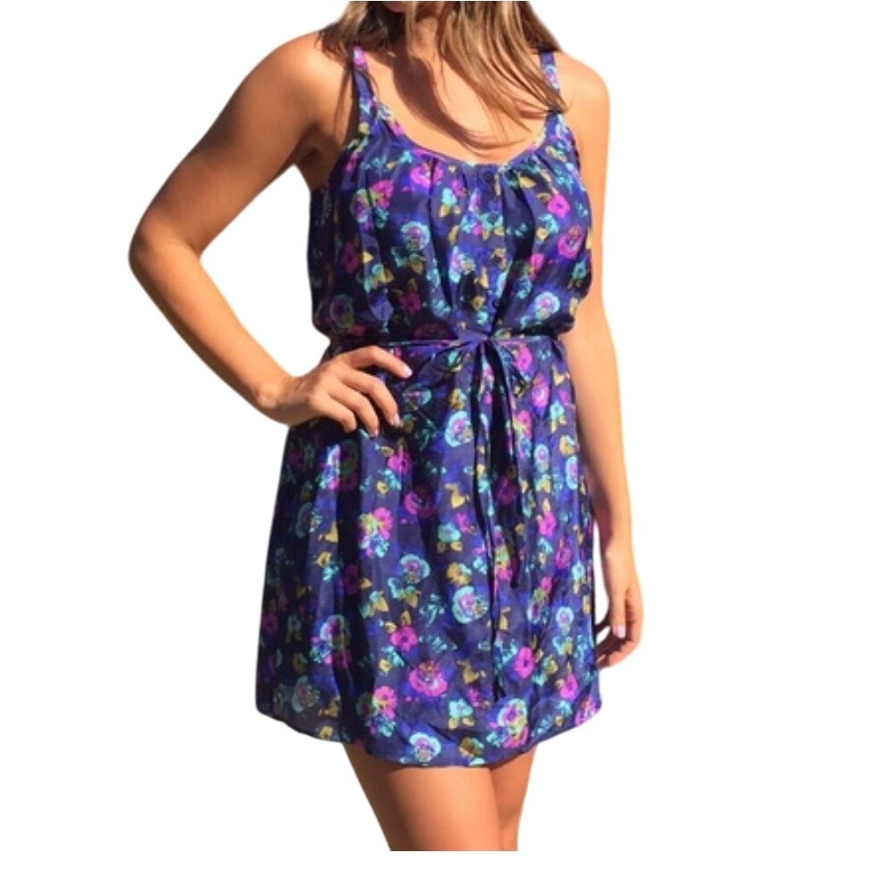 100% Silk Heritage‎ 1981 Floral Print Navy Dark Blue Mini Slip Dress Size Medium